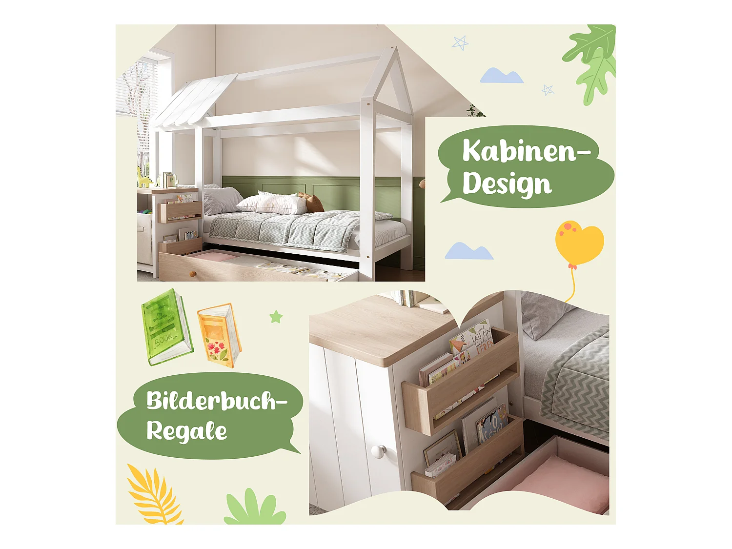 Lit cabane pour enfant - 90 x 200 cm - avec 1 tiroir + table de chevet amovible - lit de sol  - Pin + MDF - naturel + blanc