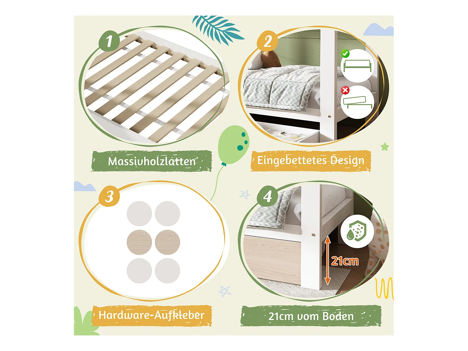 Lit cabane pour enfant - 90 x 200 cm - avec 1 tiroir + table de chevet amovible - lit de sol  - Pin + MDF - naturel + blanc