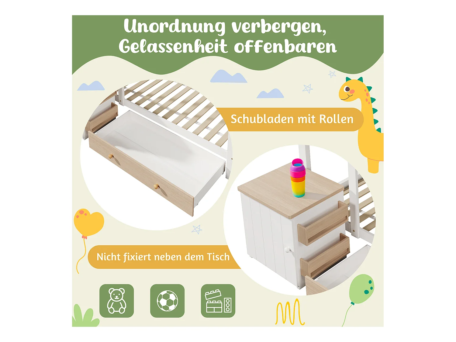 Lit cabane pour enfant - 90 x 200 cm - avec 1 tiroir + table de chevet amovible - lit de sol  - Pin + MDF - naturel + blanc