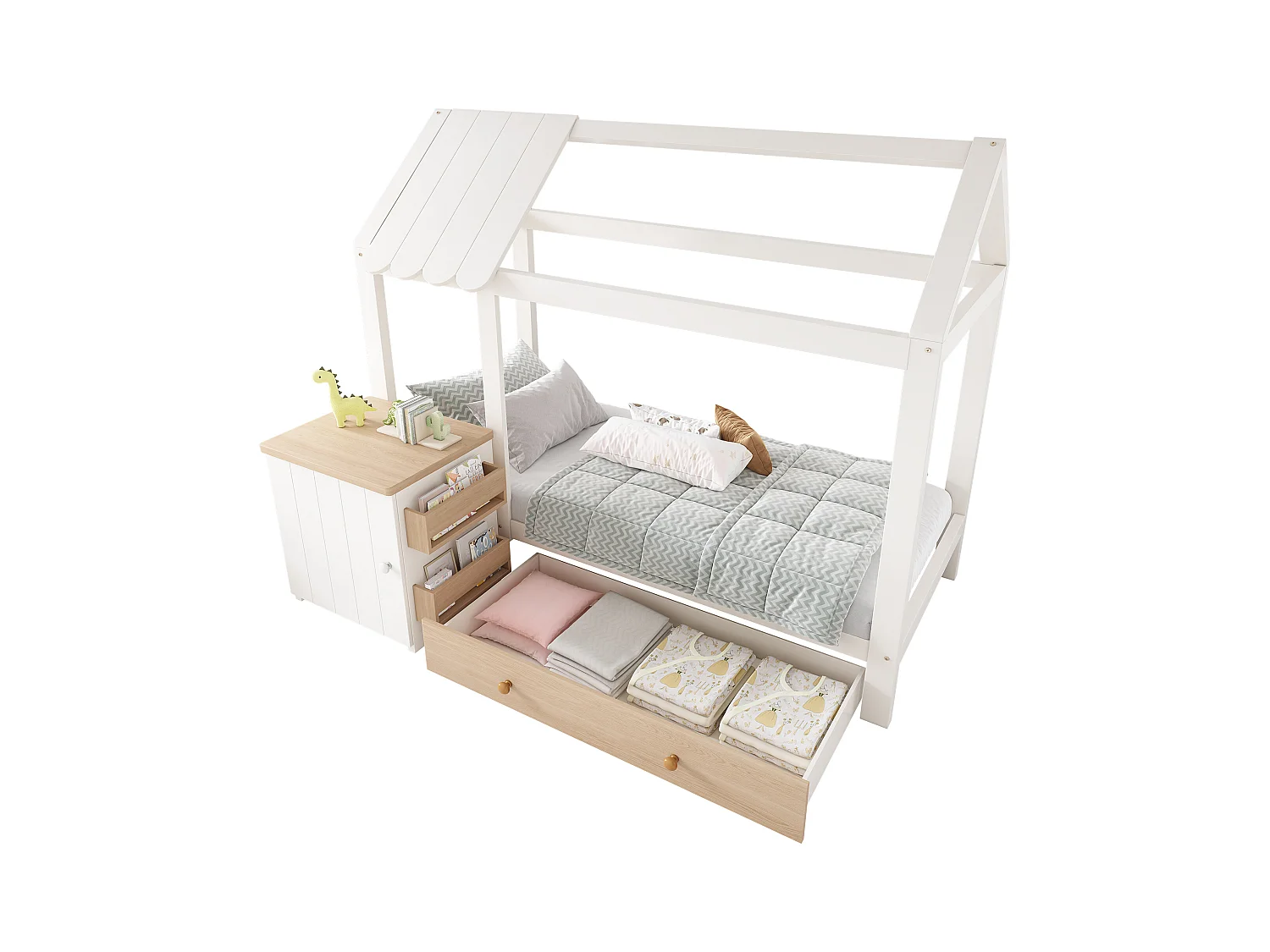 Lit cabane pour enfant - 90 x 200 cm - avec 1 tiroir + table de chevet amovible - lit de sol  - Pin + MDF - naturel + blanc