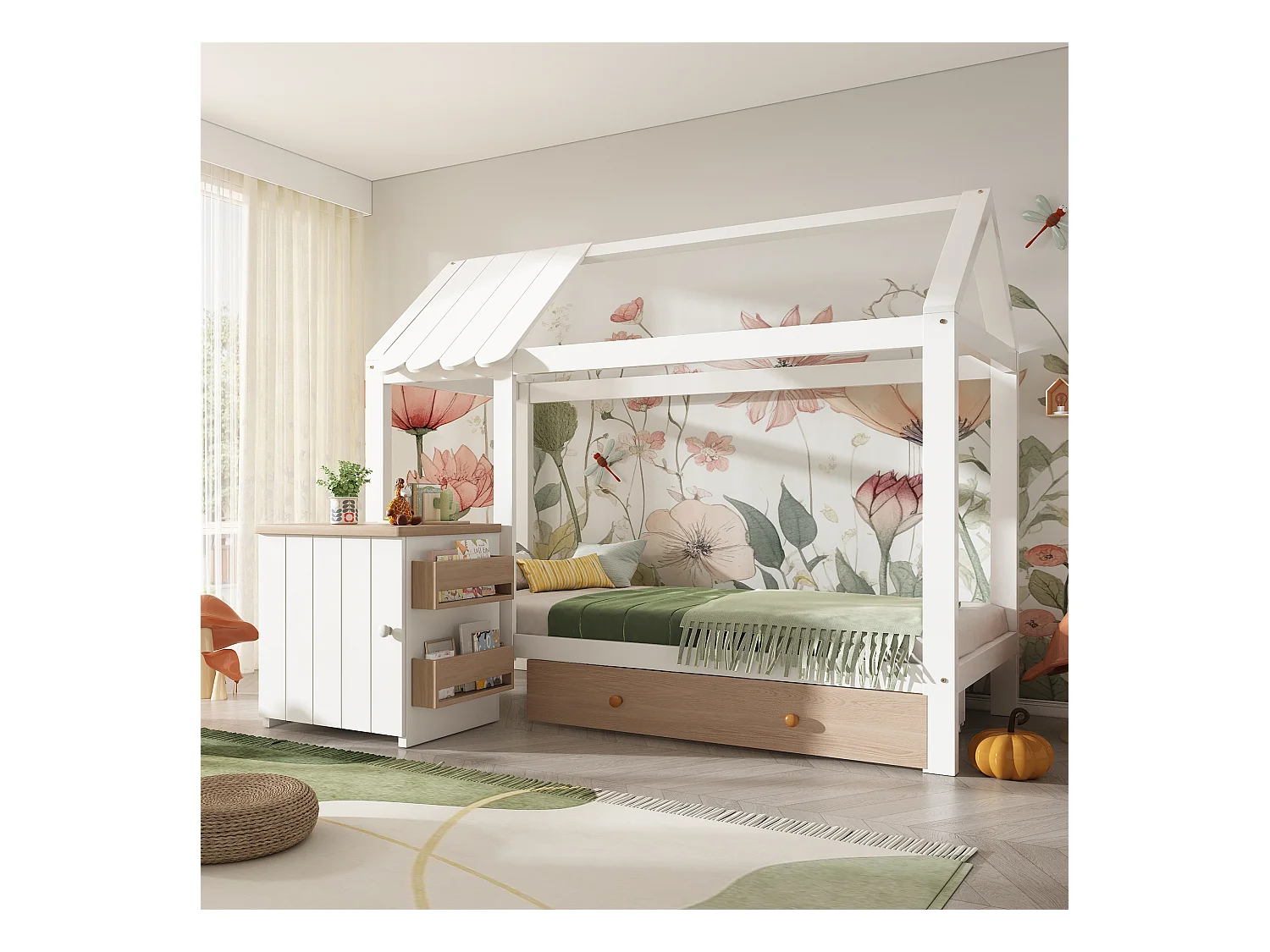 Lit cabane pour enfant - 90 x 200 cm - avec 1 tiroir + table de chevet amovible - lit de sol  - Pin + MDF - naturel + blanc