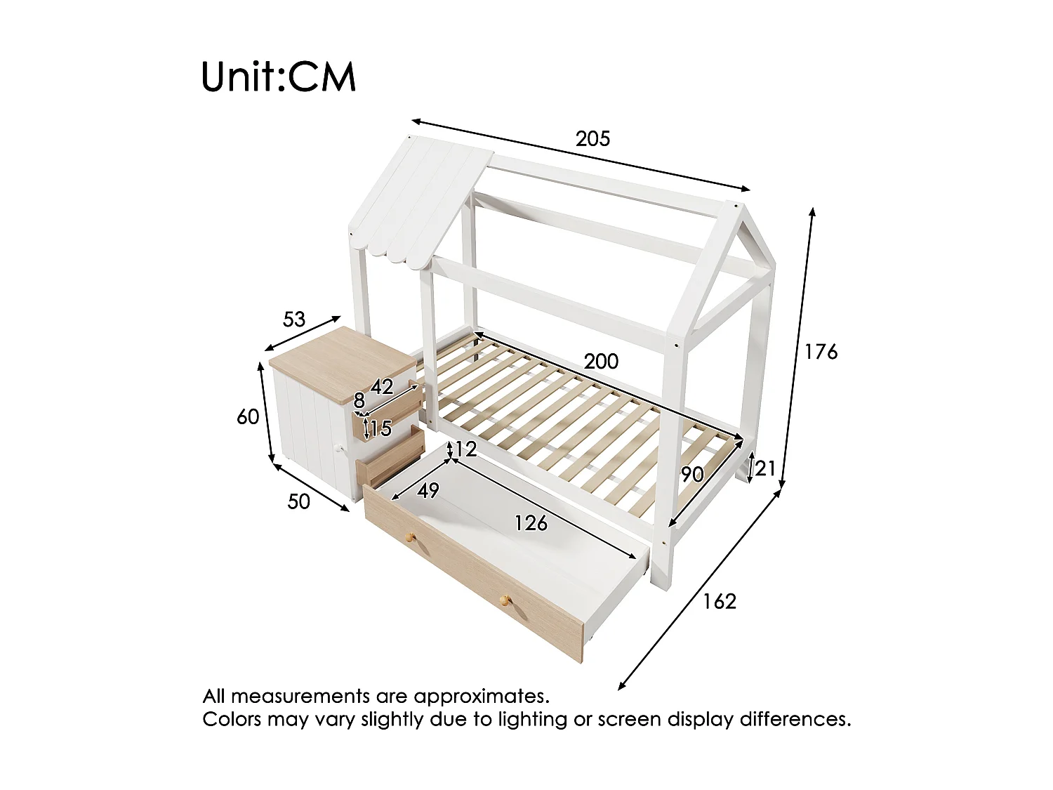 Lit cabane pour enfant - 90 x 200 cm - avec 1 tiroir + table de chevet amovible - lit de sol  - Pin + MDF - naturel + blanc