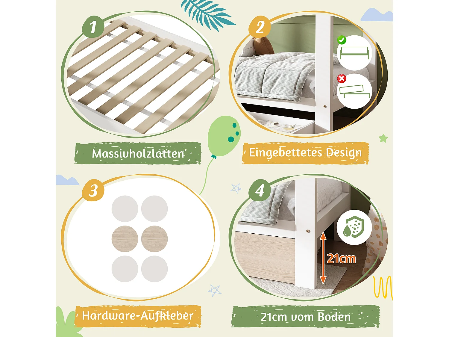 Lit cabane pour enfant - 90 x 200 cm - avec 1 tiroir + table de chevet amovible - lit de sol  - Pin + MDF - naturel + blanc