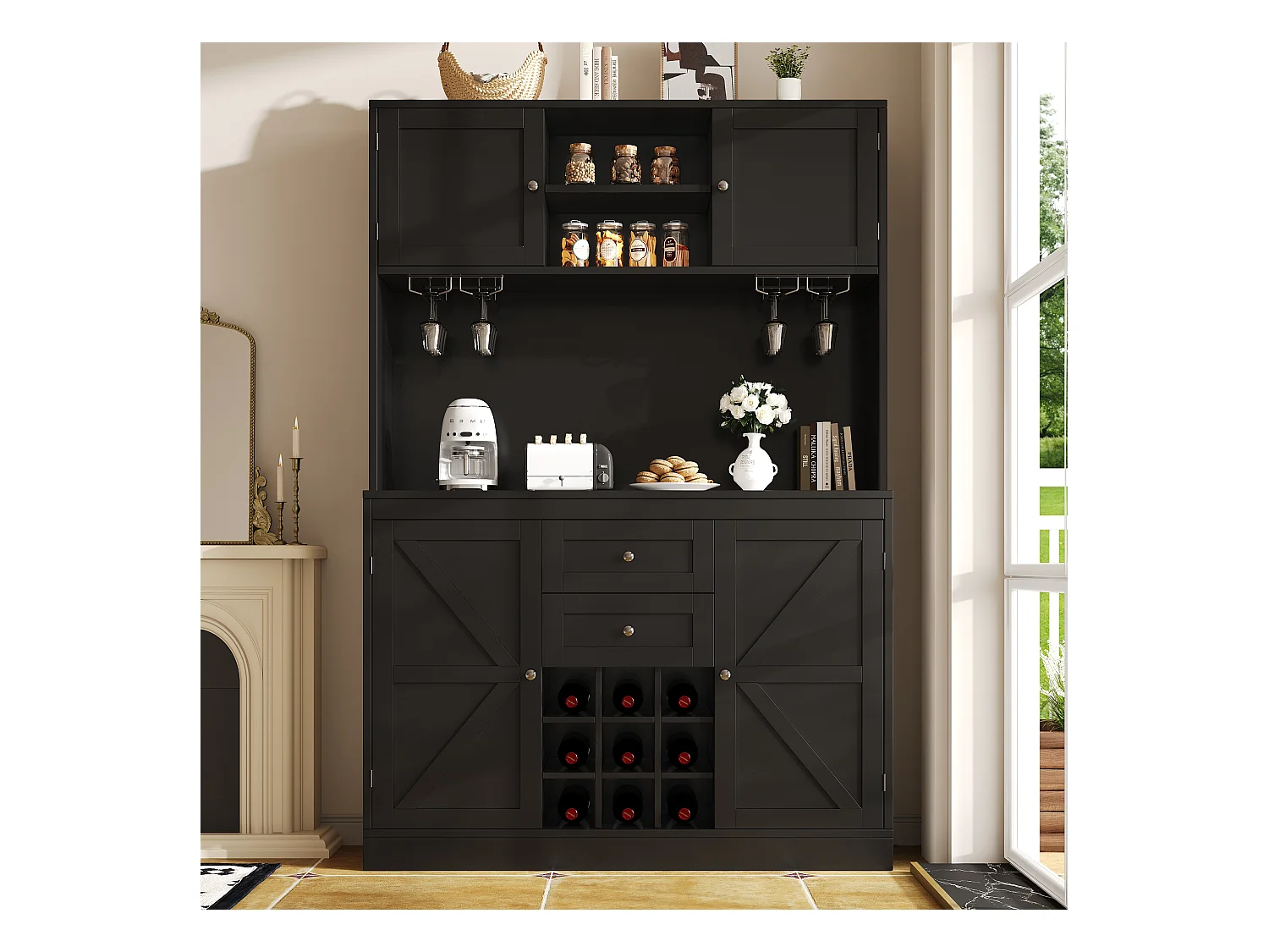 Buffet de cuisine - 120 x 40 x 188 cm - avec étagères réglables + casier à vin + 4 portes + 2 tiroirs - MDF - noir