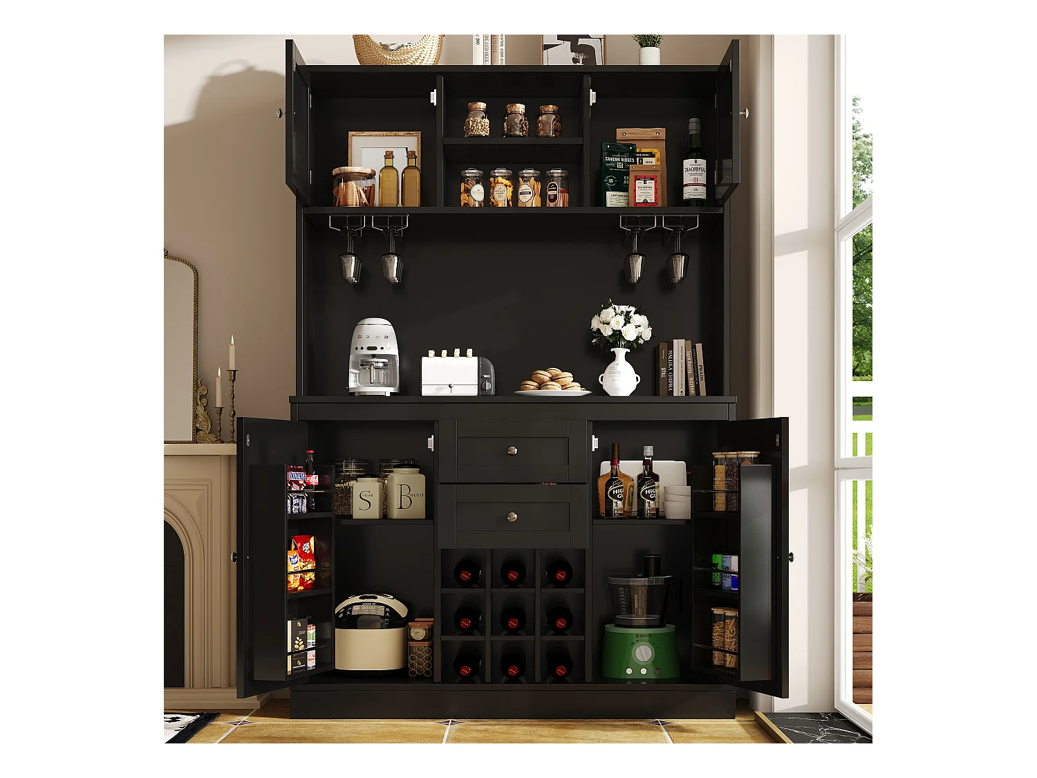 Buffet de cuisine - 120 x 40 x 188 cm - avec étagères réglables + casier à vin + 4 portes + 2 tiroirs - MDF - noir