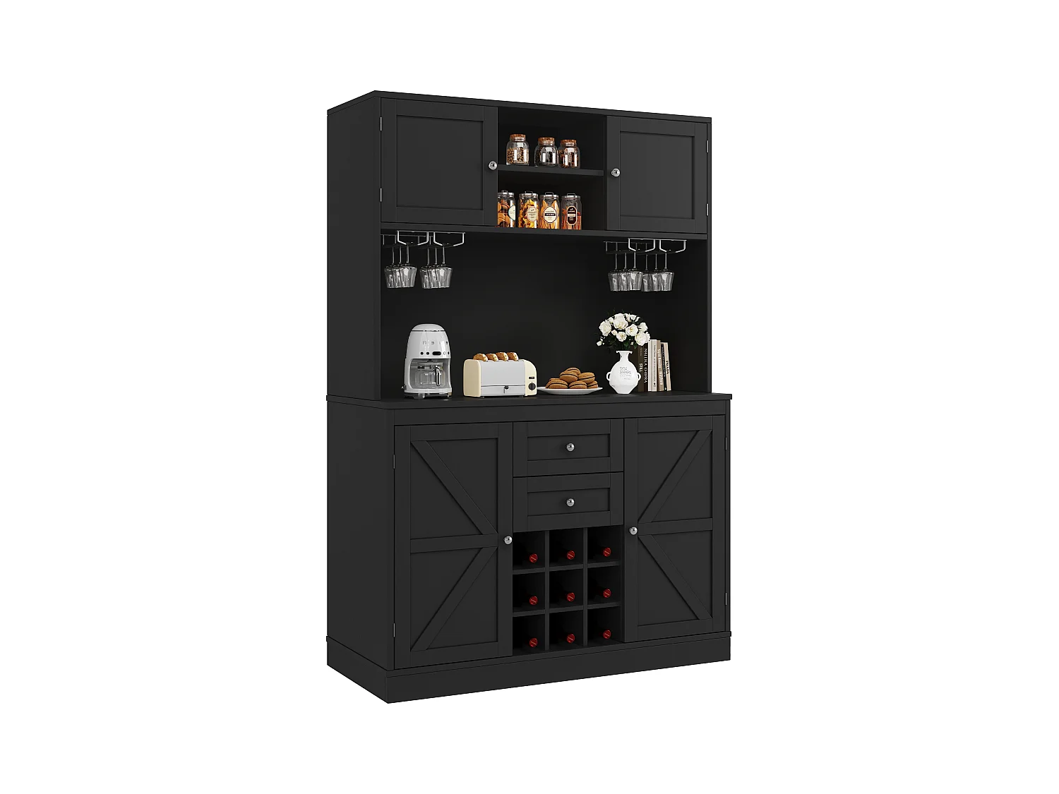 Buffet de cuisine - 120 x 40 x 188 cm - avec étagères réglables + casier à vin + 4 portes + 2 tiroirs - MDF - noir