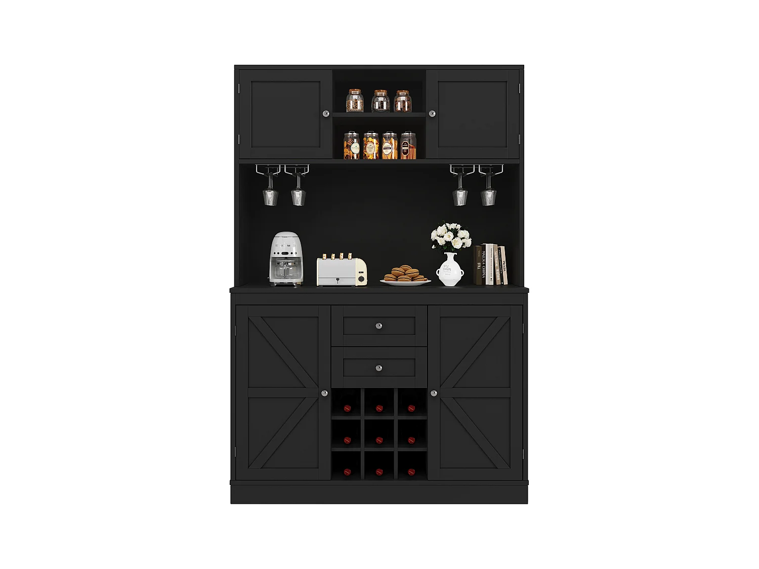 Buffet de cuisine - 120 x 40 x 188 cm - avec étagères réglables + casier à vin + 4 portes + 2 tiroirs - MDF - noir