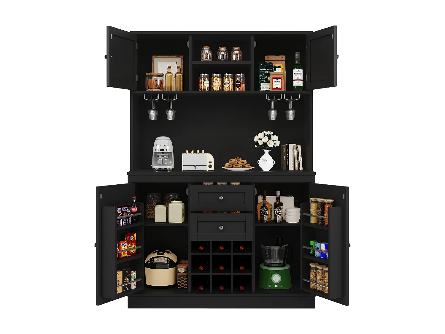 Buffet de cuisine - 120 x 40 x 188 cm - avec étagères réglables + casier à vin + 4 portes + 2 tiroirs - MDF - noir