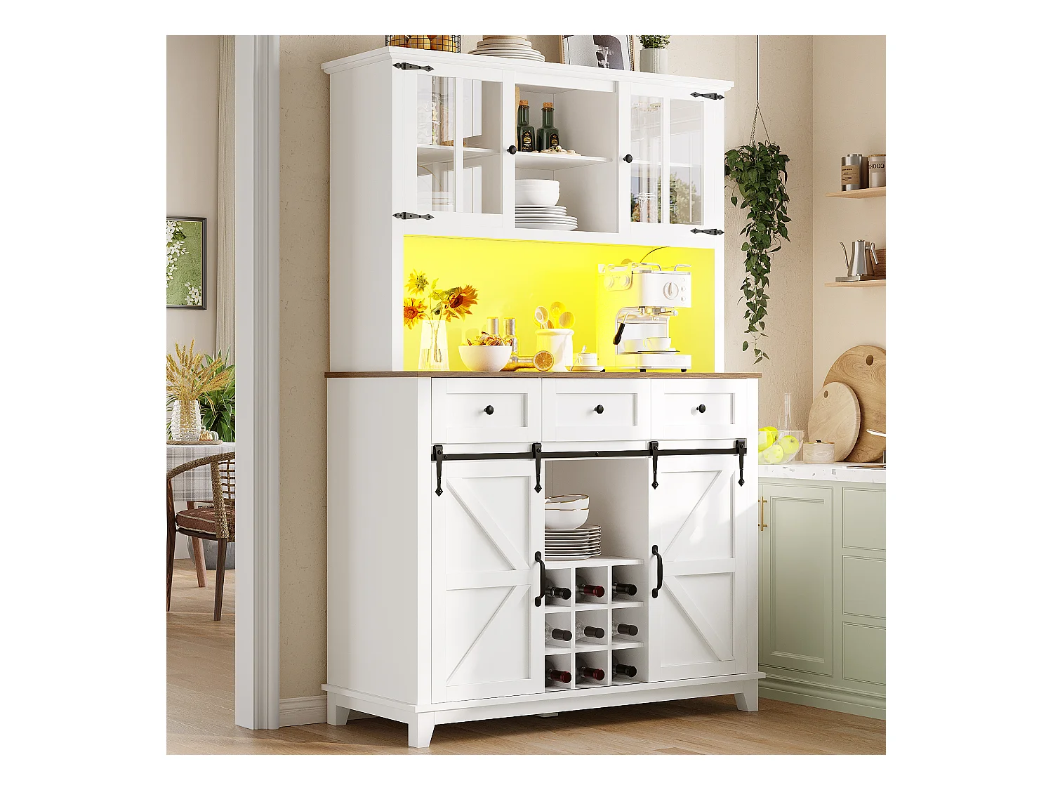 Buffet de cuisine haut - 105 x 40 x 180 cm - avec étagères réglables + Leds + 4 portes + 3 tiroirs - Métal + MDF - blanc