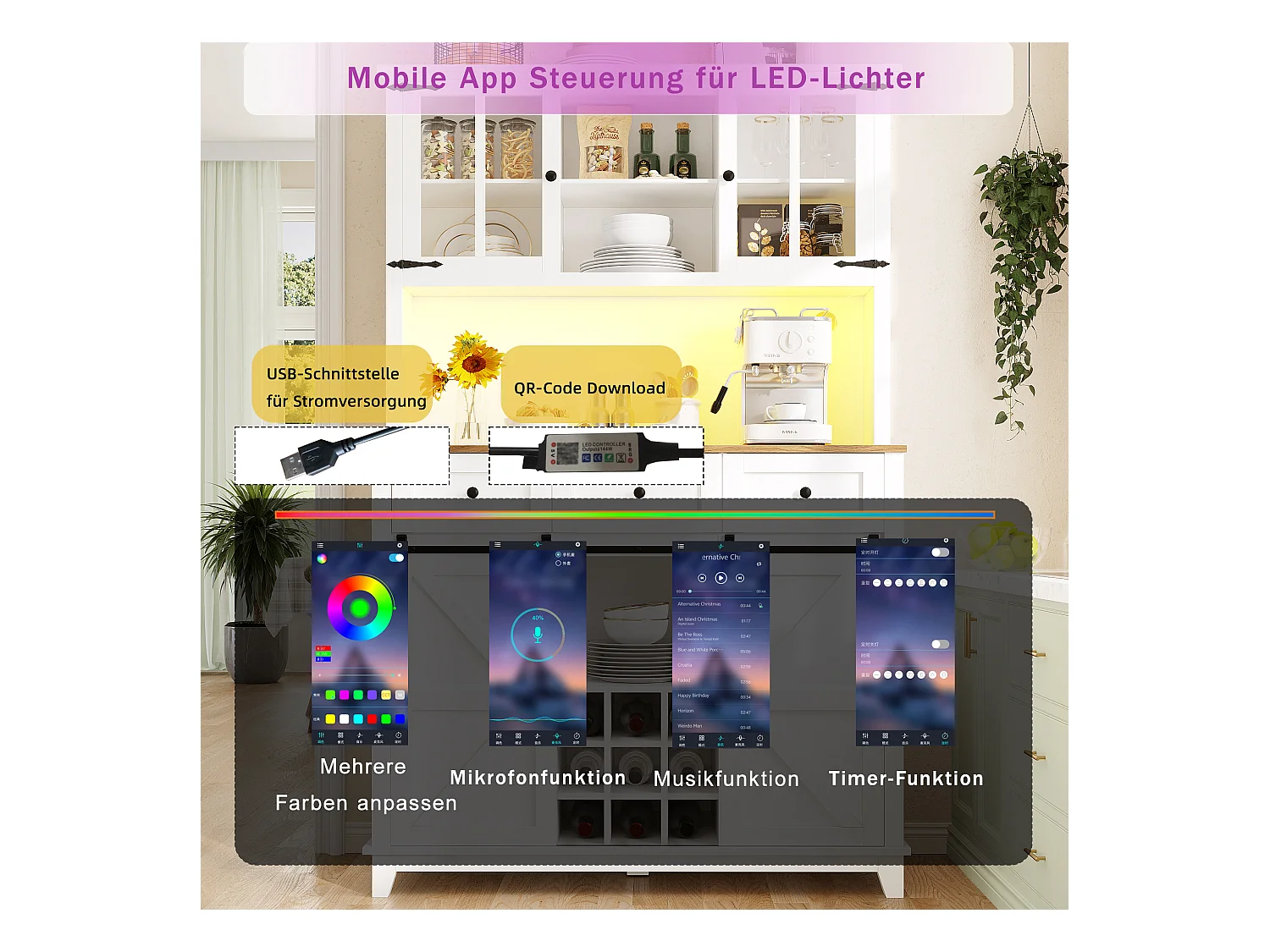 Buffet de cuisine haut - 105 x 40 x 180 cm - avec étagères réglables + Leds + 4 portes + 3 tiroirs - Métal + MDF - blanc