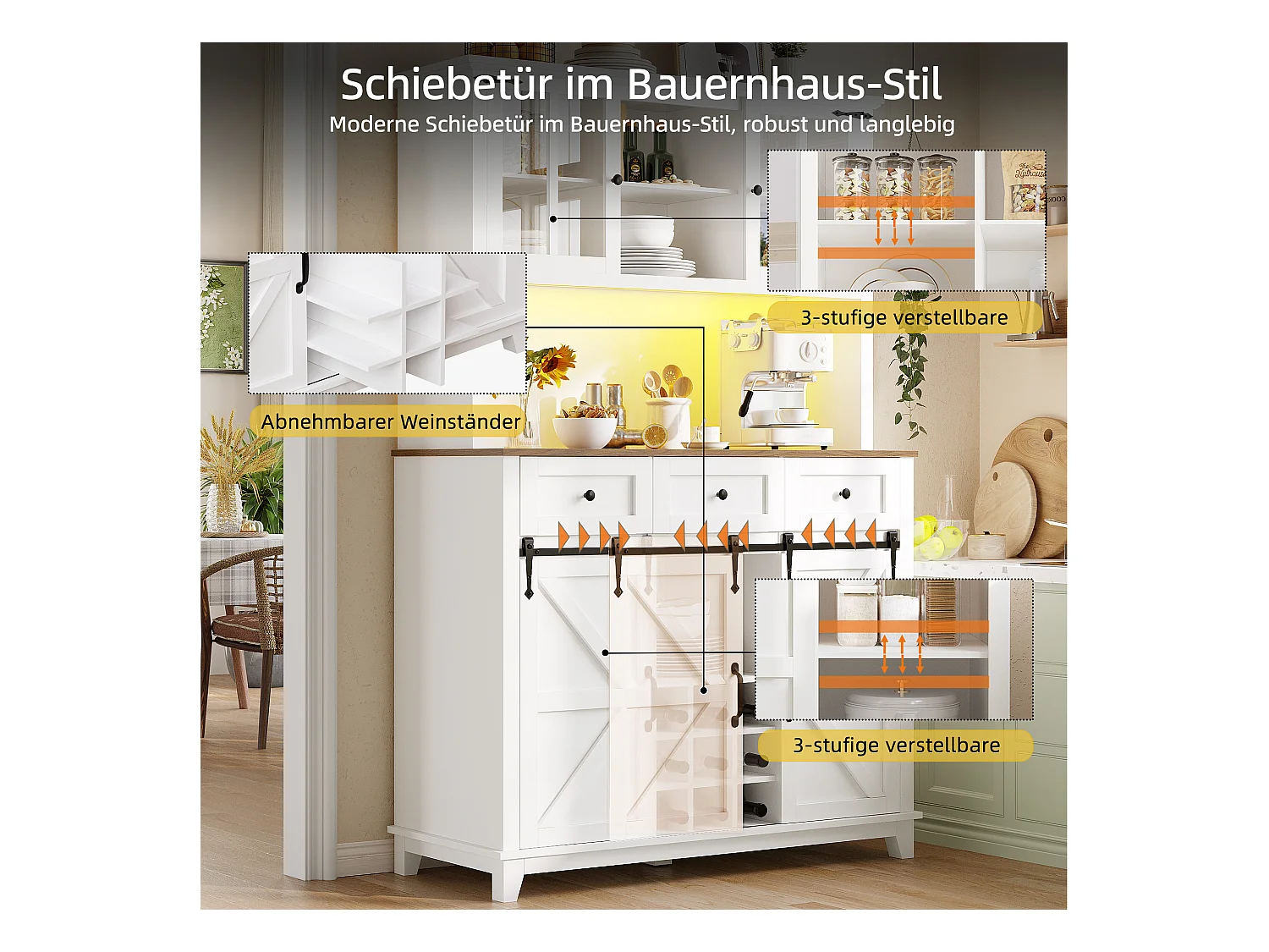 Buffet de cuisine haut - 105 x 40 x 180 cm - avec étagères réglables + Leds + 4 portes + 3 tiroirs - Métal + MDF - blanc