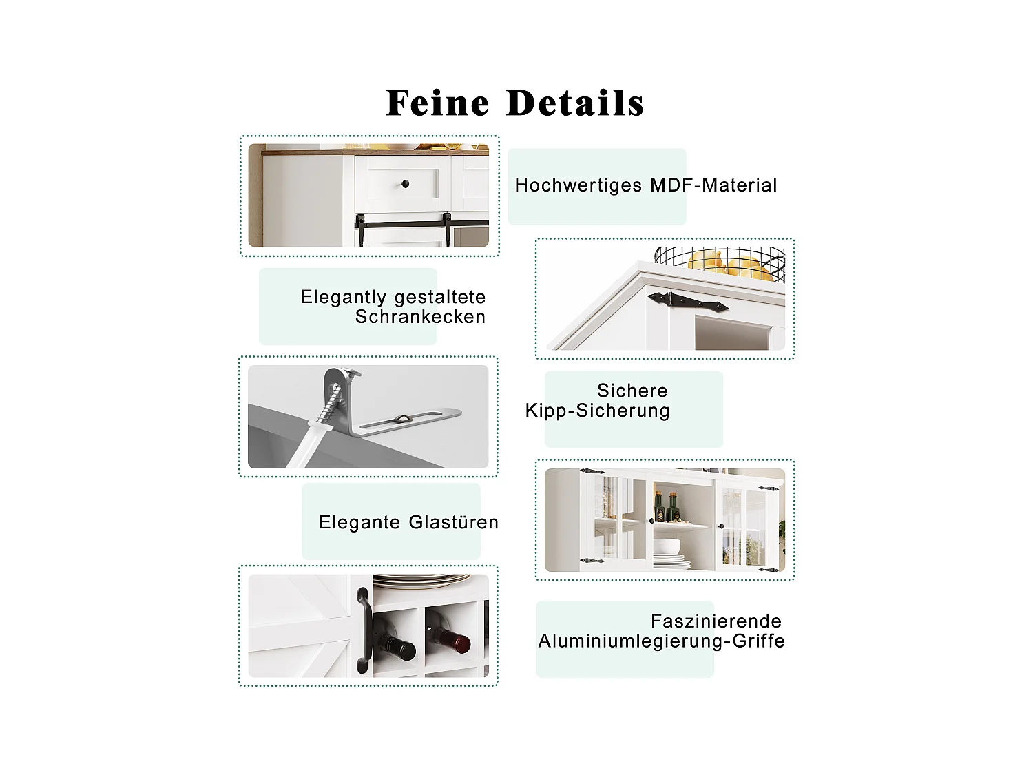 Buffet de cuisine haut - 105 x 40 x 180 cm - avec étagères réglables + Leds + 4 portes + 3 tiroirs - Métal + MDF - blanc