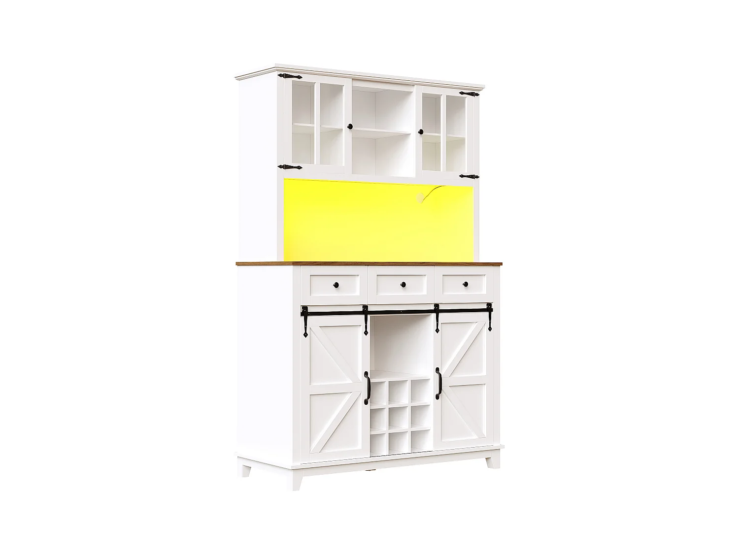 Buffet de cuisine haut - 105 x 40 x 180 cm - avec étagères réglables + Leds + 4 portes + 3 tiroirs - Métal + MDF - blanc