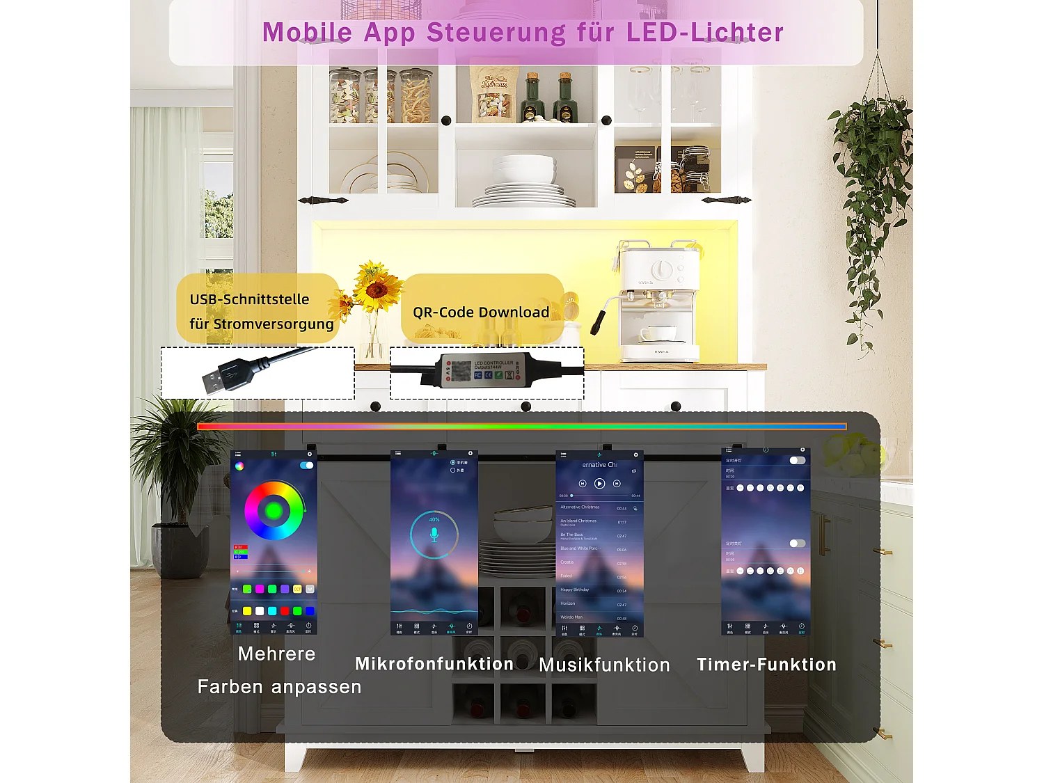 Hoge keukenkast - 105 x 40 x 180 cm - met verstelbare planken + LED's + 4 deuren + 3 laden - Metaal + MDF - wit