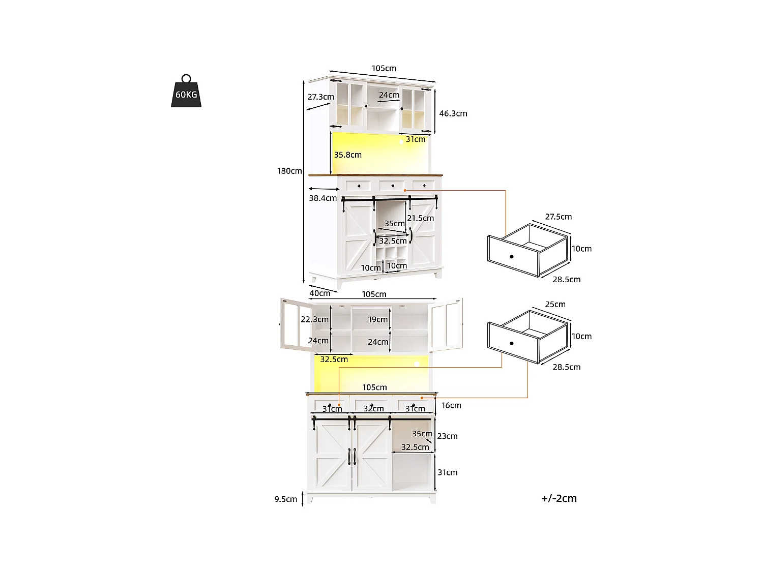 Hoge keukenkast - 105 x 40 x 180 cm - met verstelbare planken + LED's + 4 deuren + 3 laden - Metaal + MDF - wit