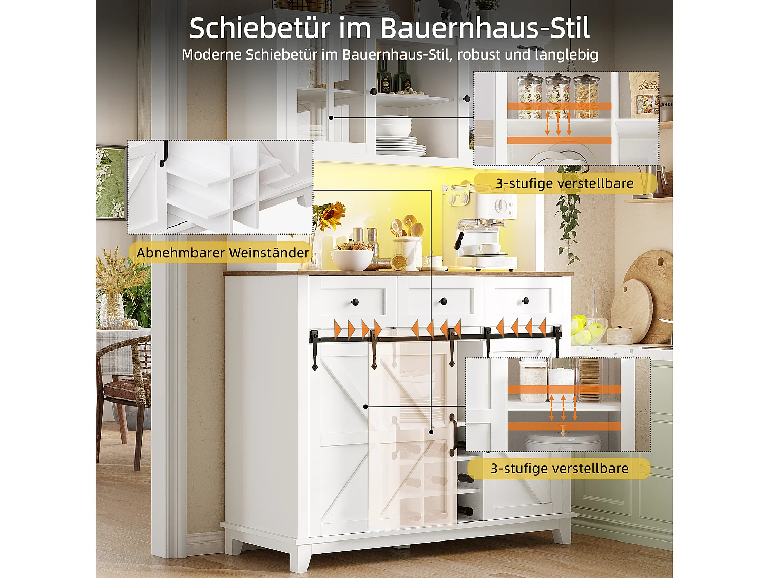 Buffet de cuisine haut - 105 x 40 x 180 cm - avec étagères réglables + Leds + 4 portes + 3 tiroirs - Métal + MDF - blanc