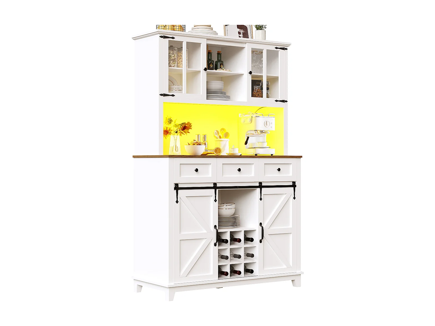 Buffet de cuisine haut - 105 x 40 x 180 cm - avec étagères réglables + Leds + 4 portes + 3 tiroirs - Métal + MDF - blanc