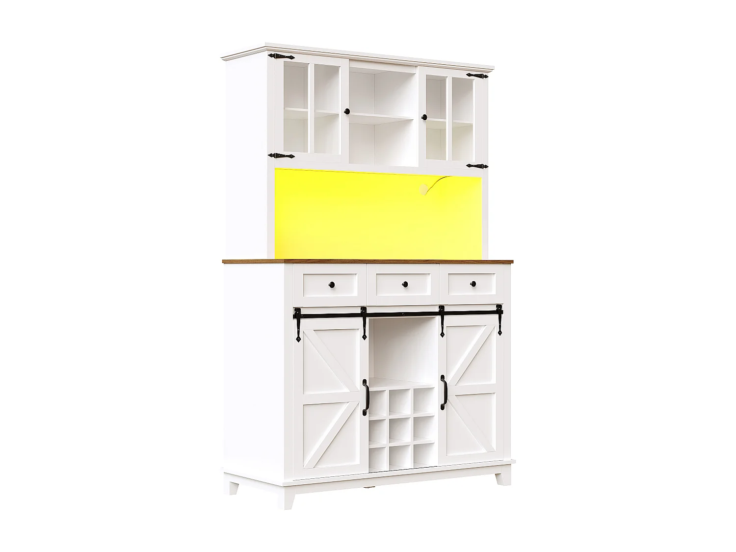 Buffet de cuisine haut - 105 x 40 x 180 cm - avec étagères réglables + Leds + 4 portes + 3 tiroirs - Métal + MDF - blanc