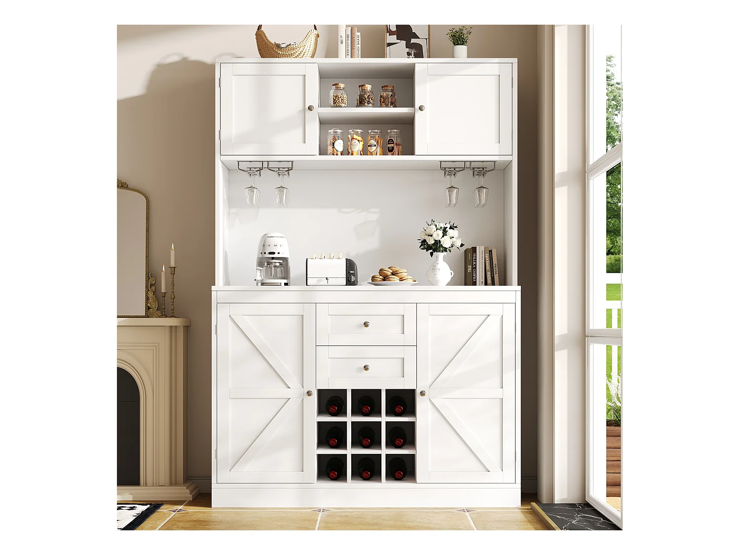 Buffet de cuisine - 120 x 40 x 188 cm - avec étagères réglables + casier à vin + 4 portes + 2 tiroirs - MDF - blanc