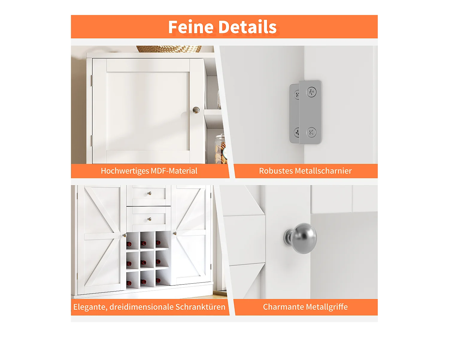 Buffet de cuisine - 120 x 40 x 188 cm - avec étagères réglables + casier à vin + 4 portes + 2 tiroirs - MDF - blanc