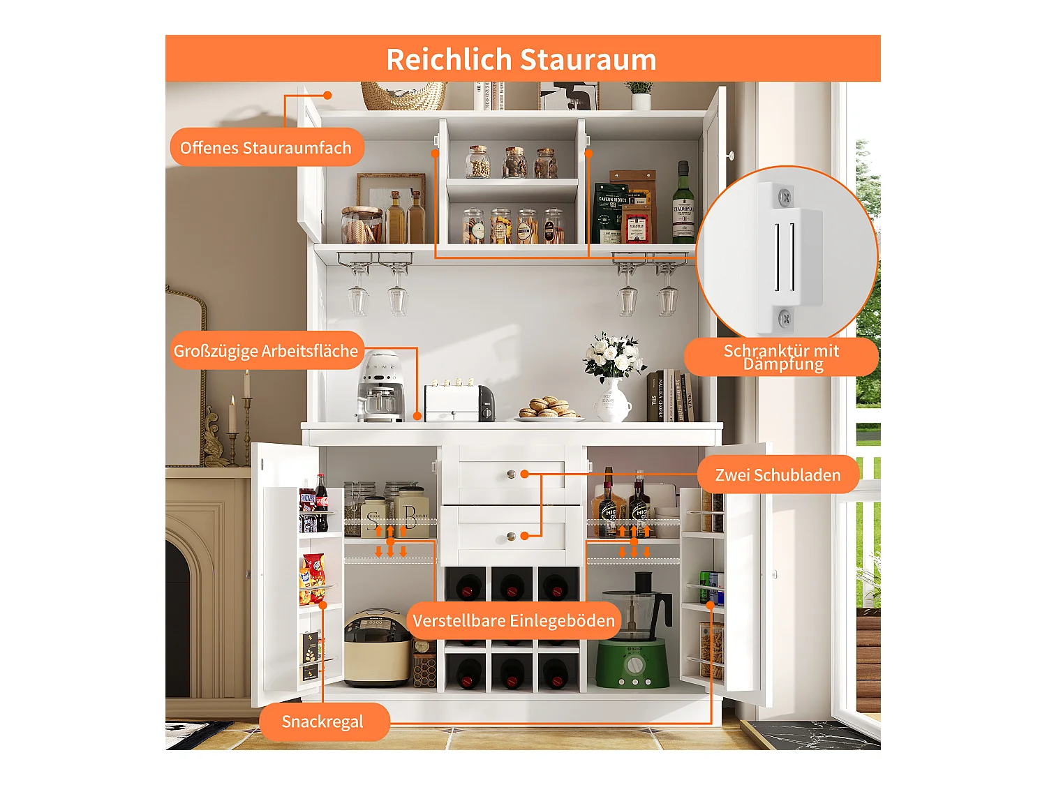 Buffet de cuisine - 120 x 40 x 188 cm - avec étagères réglables + casier à vin + 4 portes + 2 tiroirs - MDF - blanc
