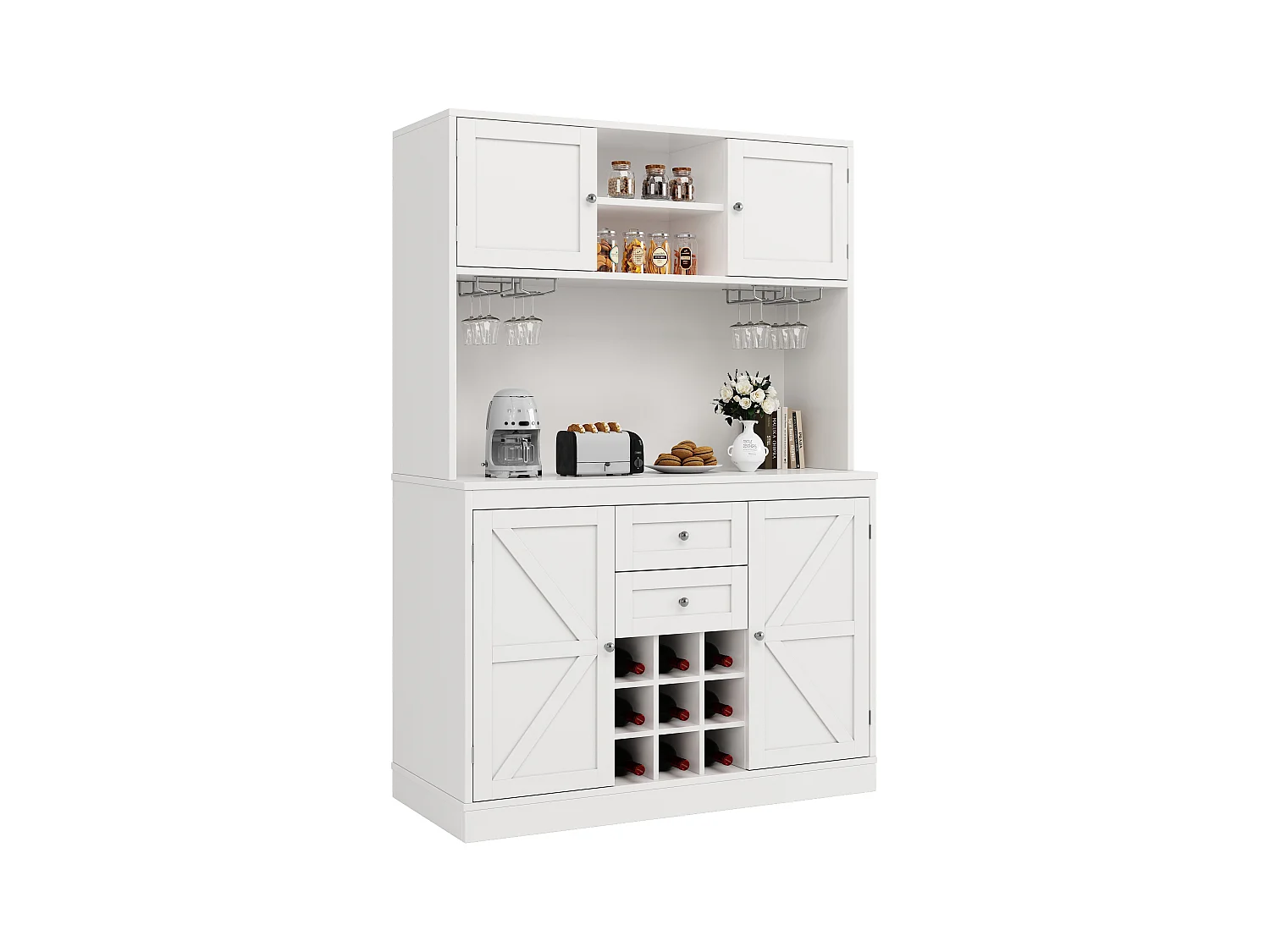 Buffet de cuisine - 120 x 40 x 188 cm - avec étagères réglables + casier à vin + 4 portes + 2 tiroirs - MDF - blanc