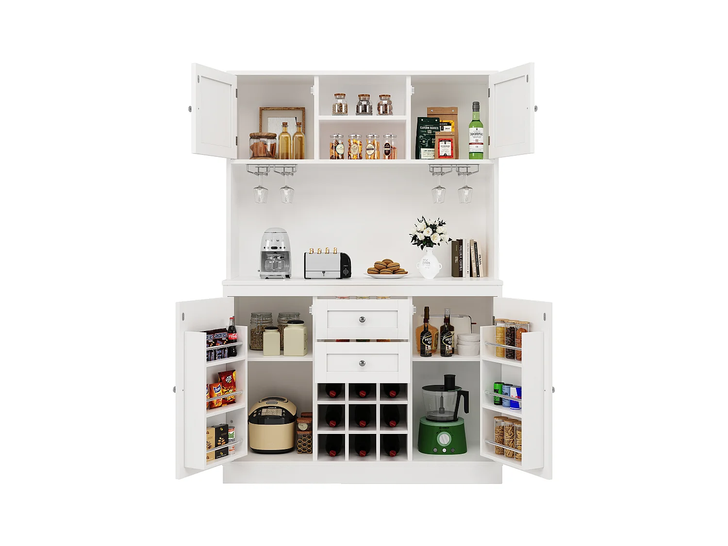 Buffet de cuisine - 120 x 40 x 188 cm - avec étagères réglables + casier à vin + 4 portes + 2 tiroirs - MDF - blanc