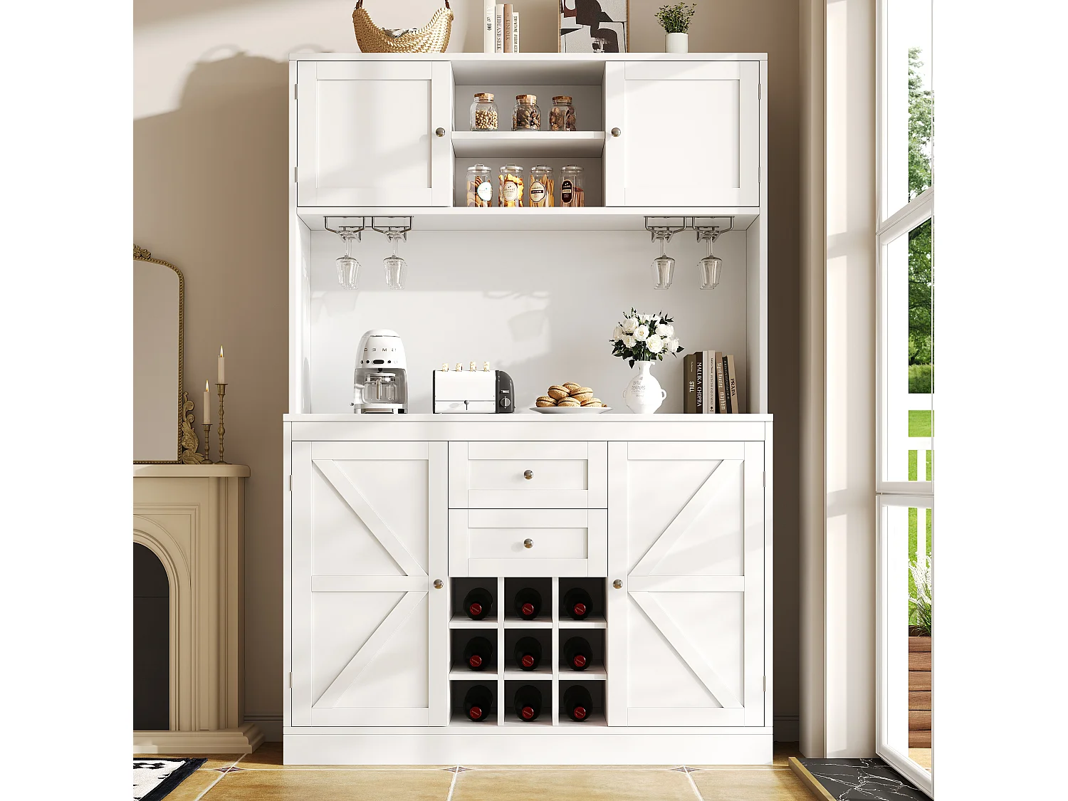 Buffet de cuisine - 120 x 40 x 188 cm - avec étagères réglables + casier à vin + 4 portes + 2 tiroirs - MDF - blanc