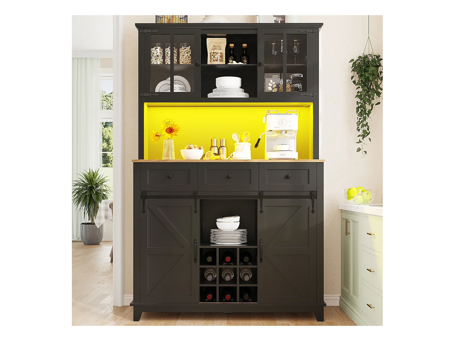 Buffet de cuisine haut - 105 x 40 x 180 cm - avec étagères réglables + Leds + 4 portes + 3 tiroirs - Métal + MDF - noir