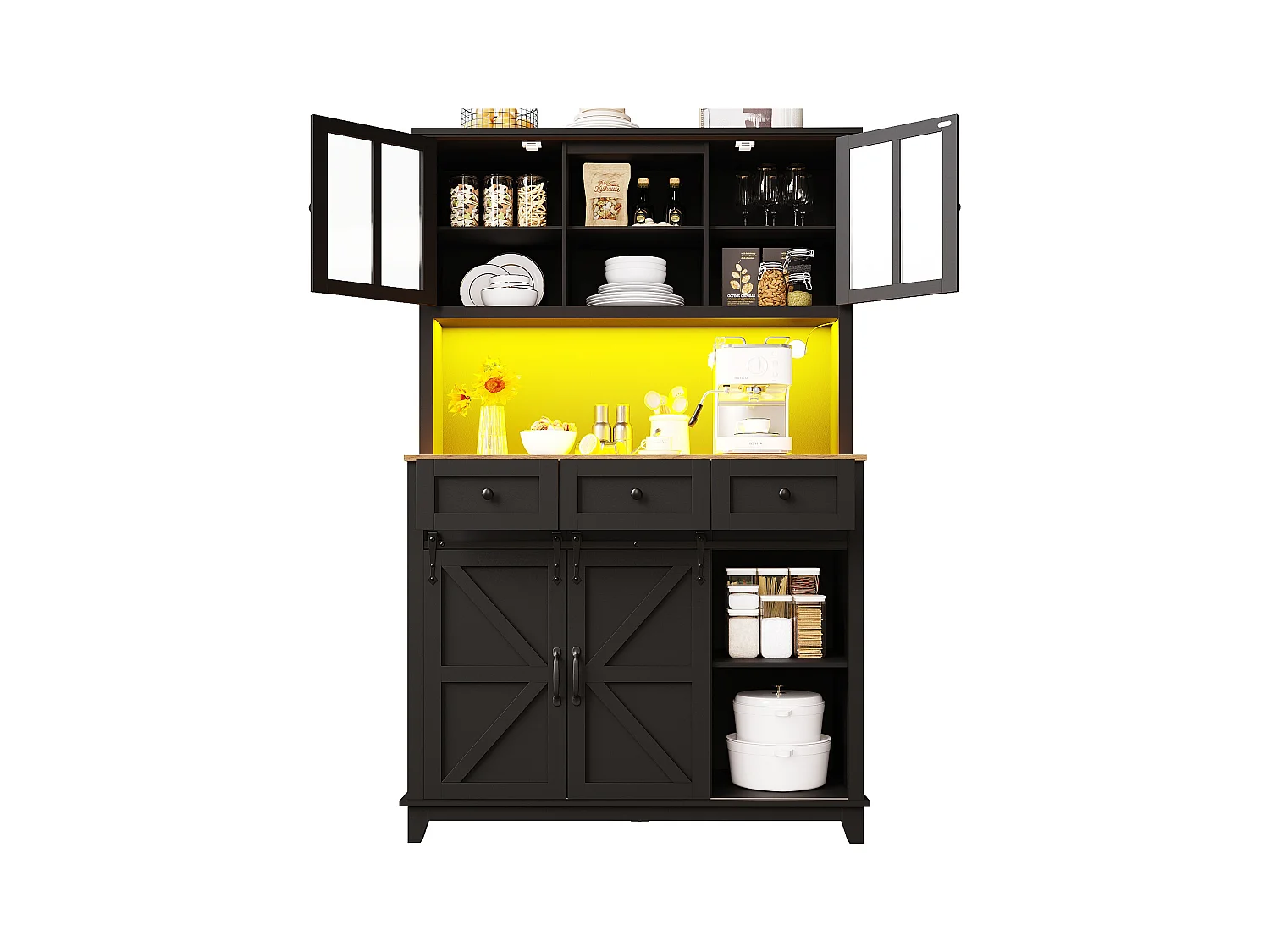 Buffet de cuisine haut - 105 x 40 x 180 cm - avec étagères réglables + Leds + 4 portes + 3 tiroirs - Métal + MDF - noir