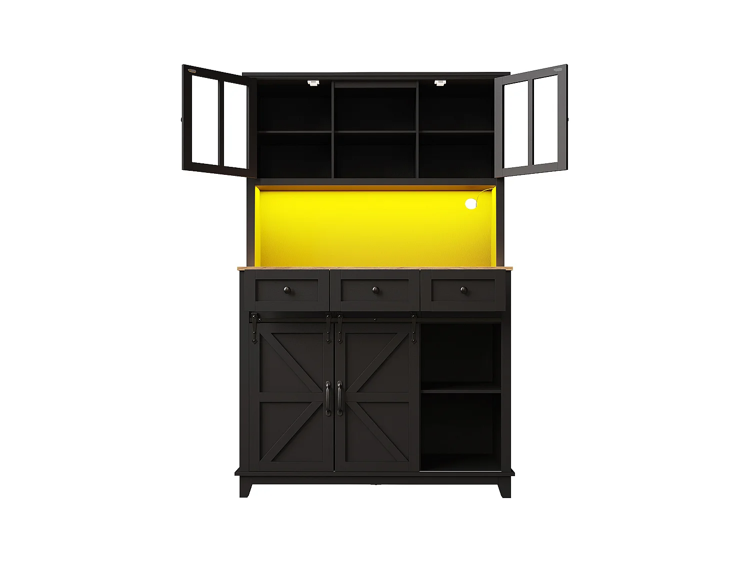 Buffet de cuisine haut - 105 x 40 x 180 cm - avec étagères réglables + Leds + 4 portes + 3 tiroirs - Métal + MDF - noir