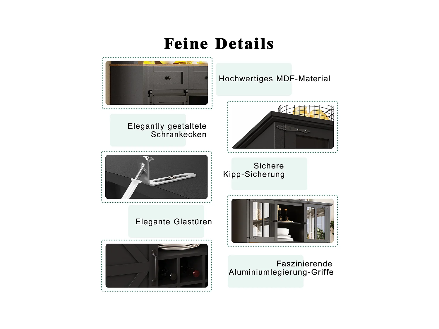 Aparador alto de cocina - 105 x 40 x 180 cm - con estantes regulables + LEDs + 4 puertas + 3 cajones - Metal + MDF - negro