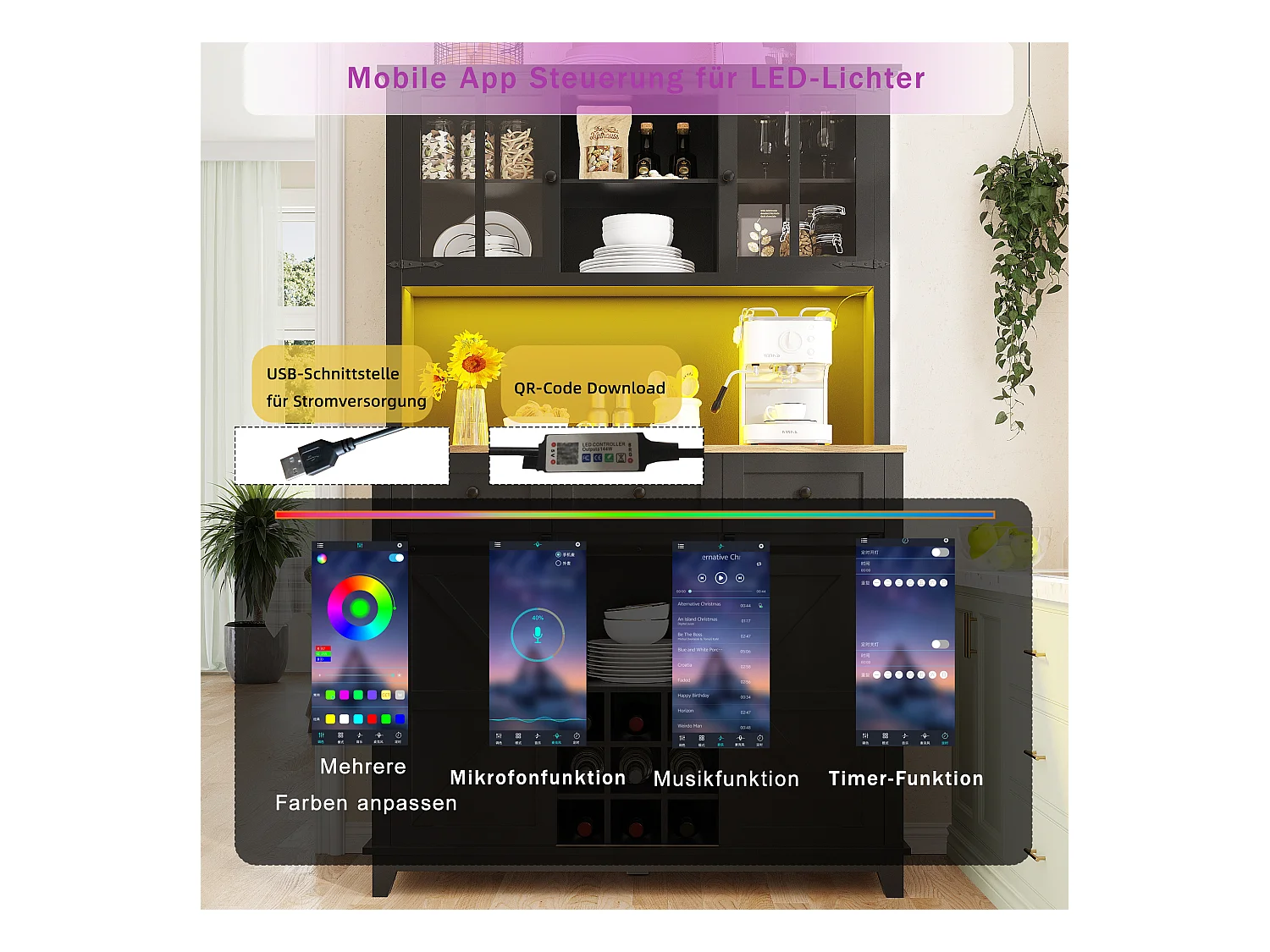 Aparador alto de cocina - 105 x 40 x 180 cm - con estantes regulables + LEDs + 4 puertas + 3 cajones - Metal + MDF - negro