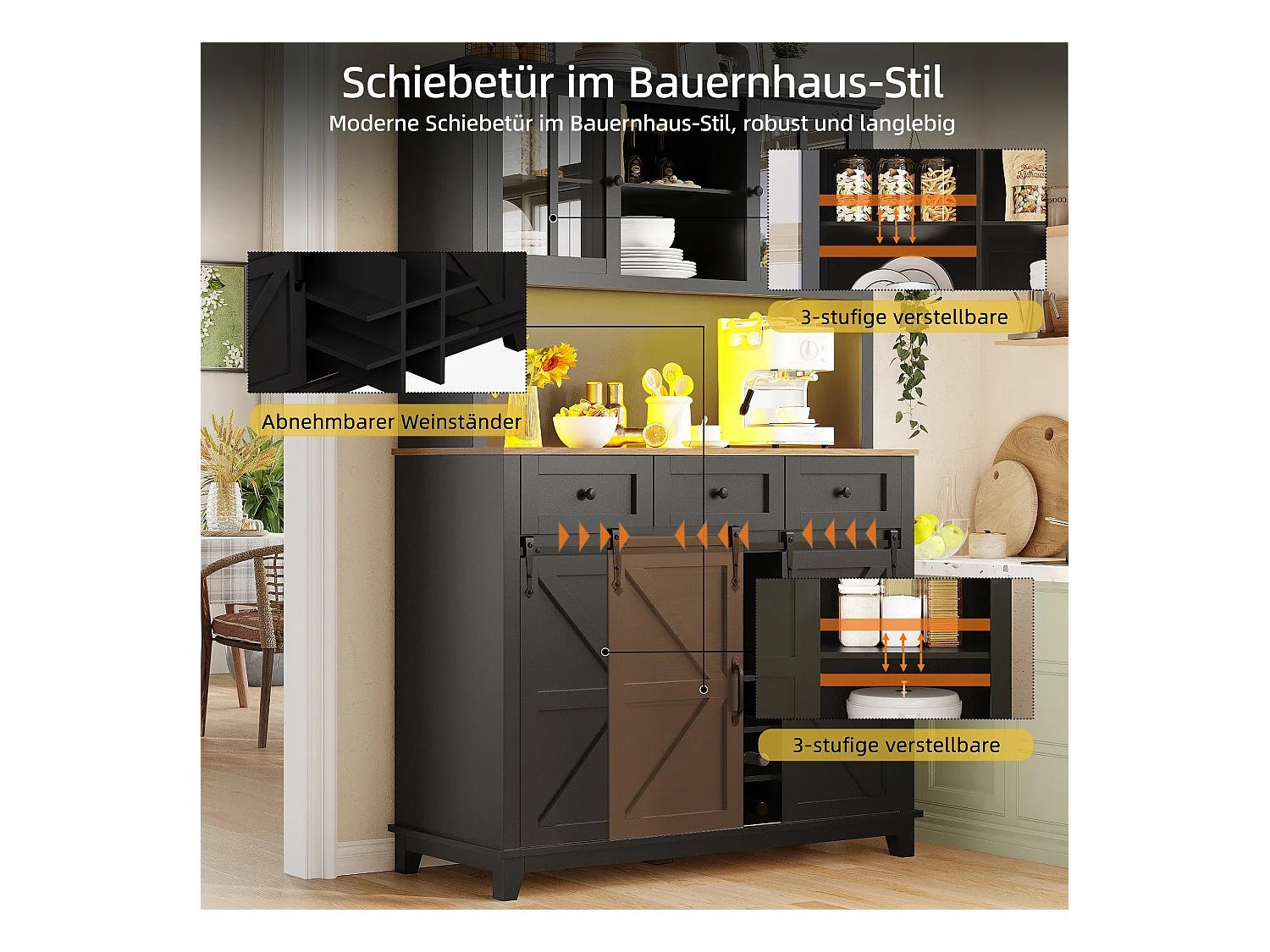 Aparador alto de cocina - 105 x 40 x 180 cm - con estantes regulables + LEDs + 4 puertas + 3 cajones - Metal + MDF - negro