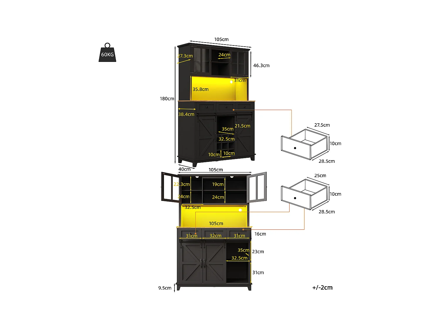 Aparador alto de cocina - 105 x 40 x 180 cm - con estantes regulables + LEDs + 4 puertas + 3 cajones - Metal + MDF - negro