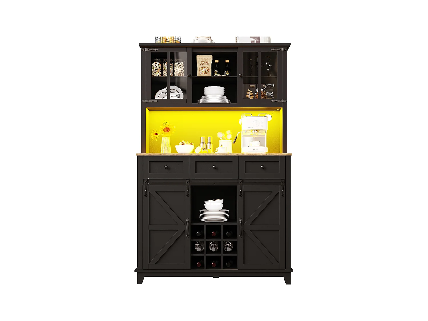 Aparador alto de cocina - 105 x 40 x 180 cm - con estantes regulables + LEDs + 4 puertas + 3 cajones - Metal + MDF - negro