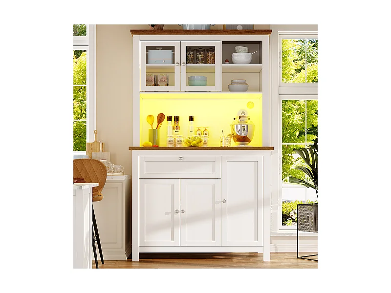 Hohes Küchen-Sideboard - 104 x 40 x 180 cm - mit verstellbaren Einlegeböden + LEDs + 5 Türen + 1 Schublade - Metall + MDF - weiß