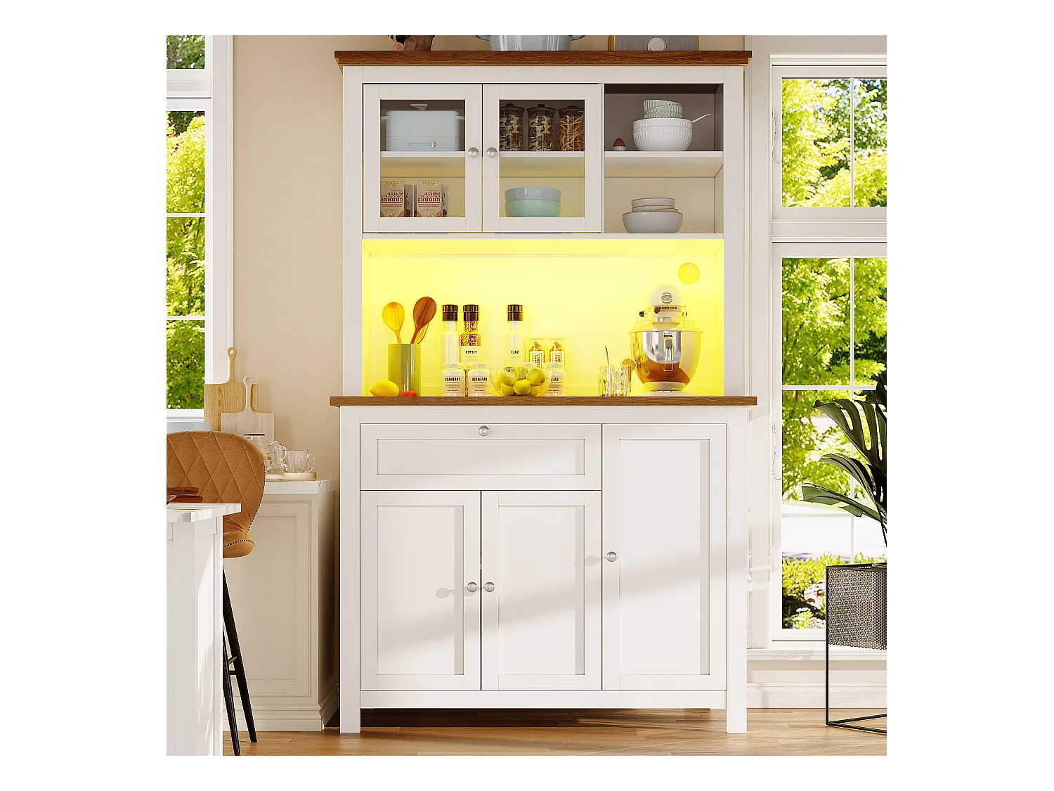 Buffet de cuisine haut - 104 x 40 x 180 cm - avec étagères réglables + Leds + 5 portes + 1 tiroir - Métal + MDF - blanc