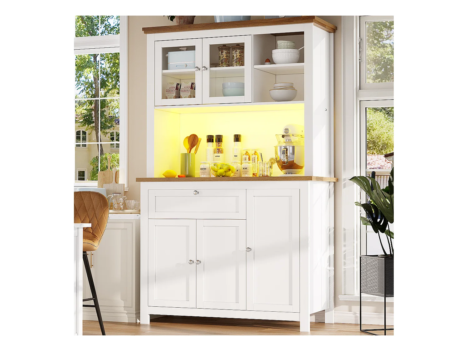 Buffet de cuisine haut - 104 x 40 x 180 cm - avec étagères réglables + Leds + 5 portes + 1 tiroir - Métal + MDF - blanc