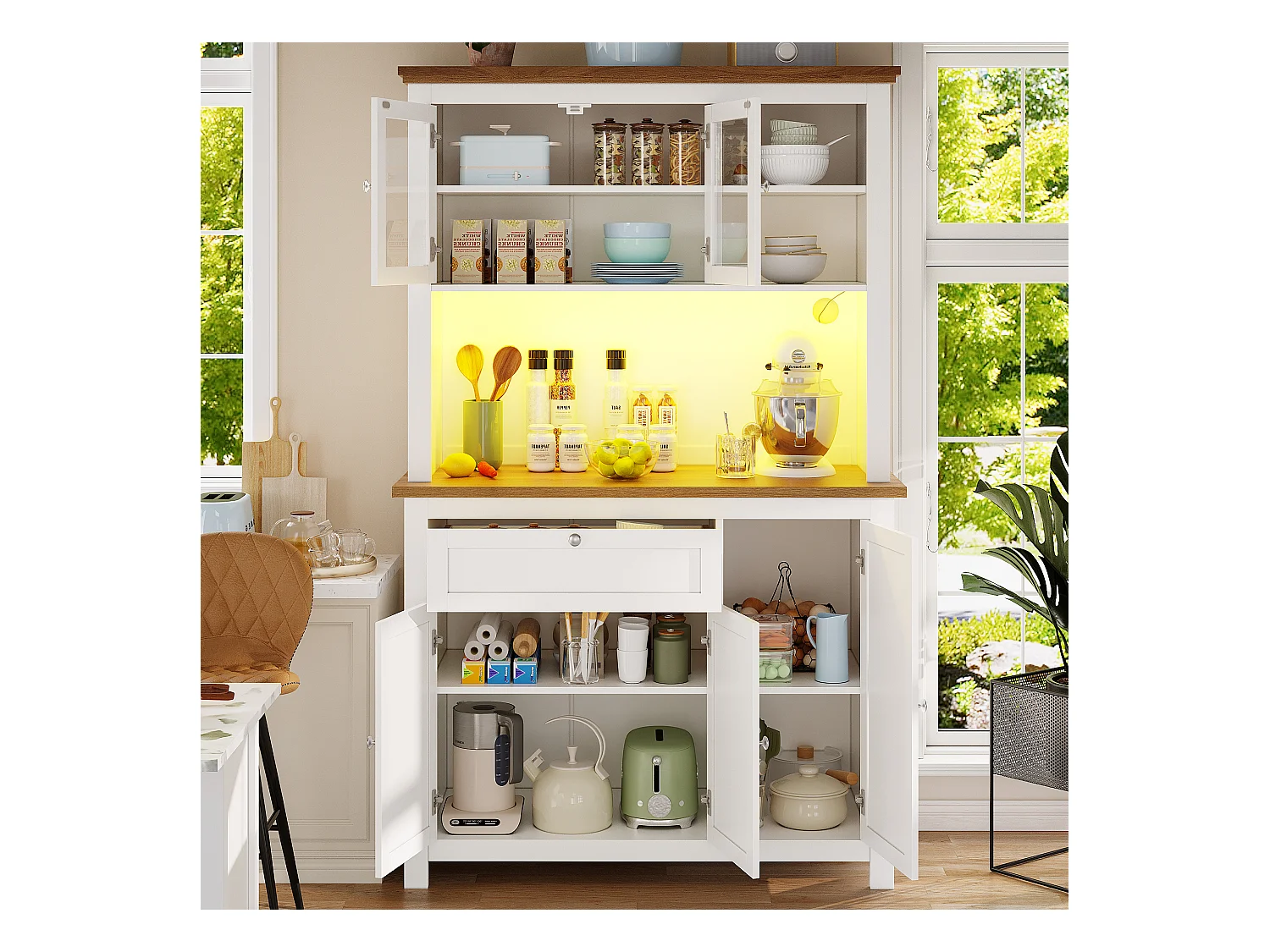 Buffet de cuisine haut - 104 x 40 x 180 cm - avec étagères réglables + Leds + 5 portes + 1 tiroir - Métal + MDF - blanc