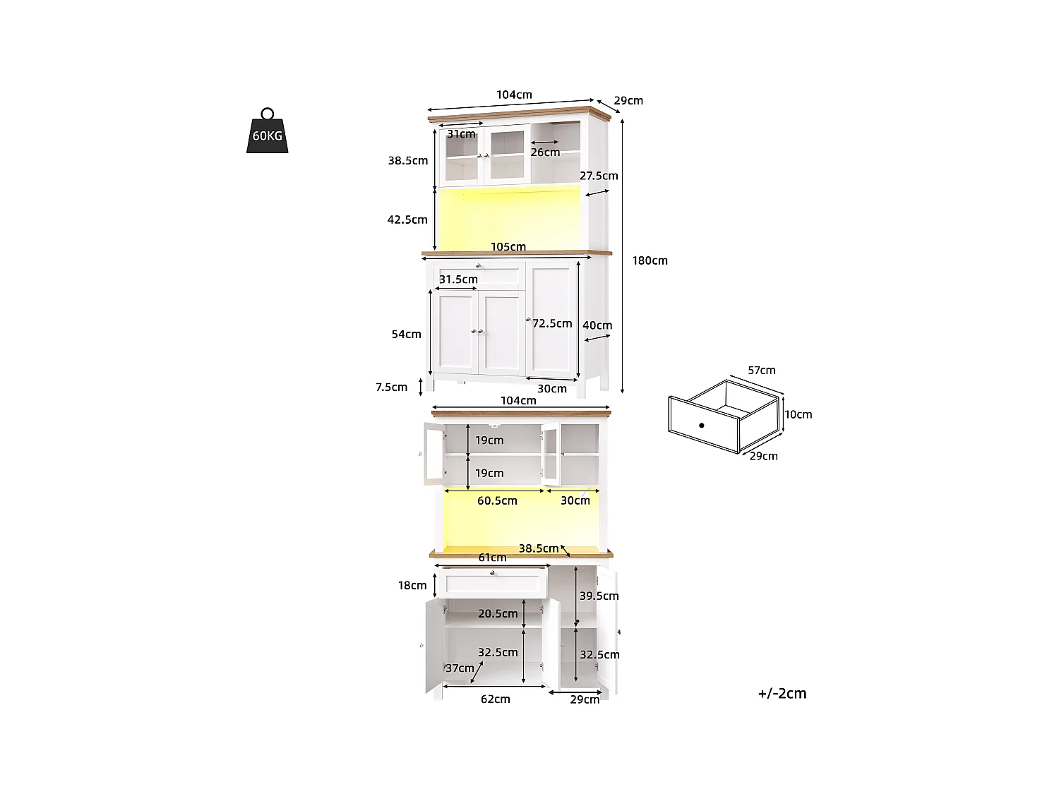 Buffet de cuisine haut - 104 x 40 x 180 cm - avec étagères réglables + Leds + 5 portes + 1 tiroir - Métal + MDF - blanc