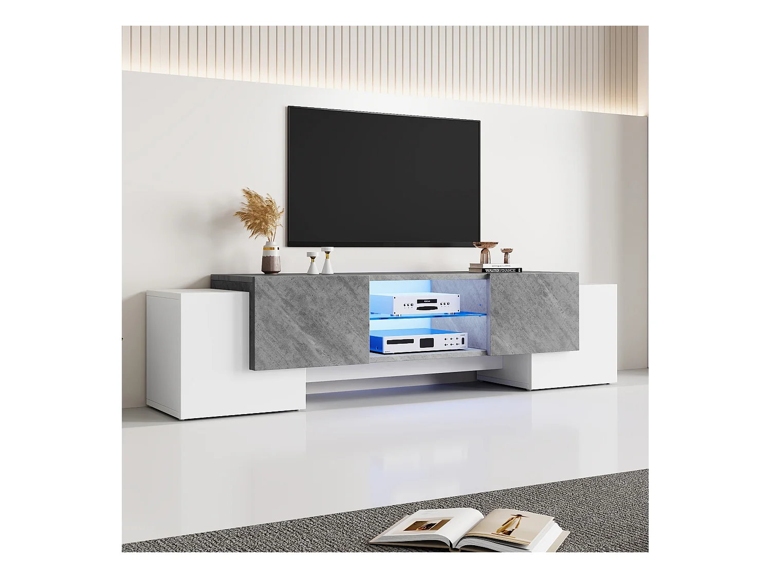 Meuble TV simple - 180 x 40 x 46.5 cm - avec 4 portes - adapté TV 60/65/70 pouces - MDF - gris+ blanc