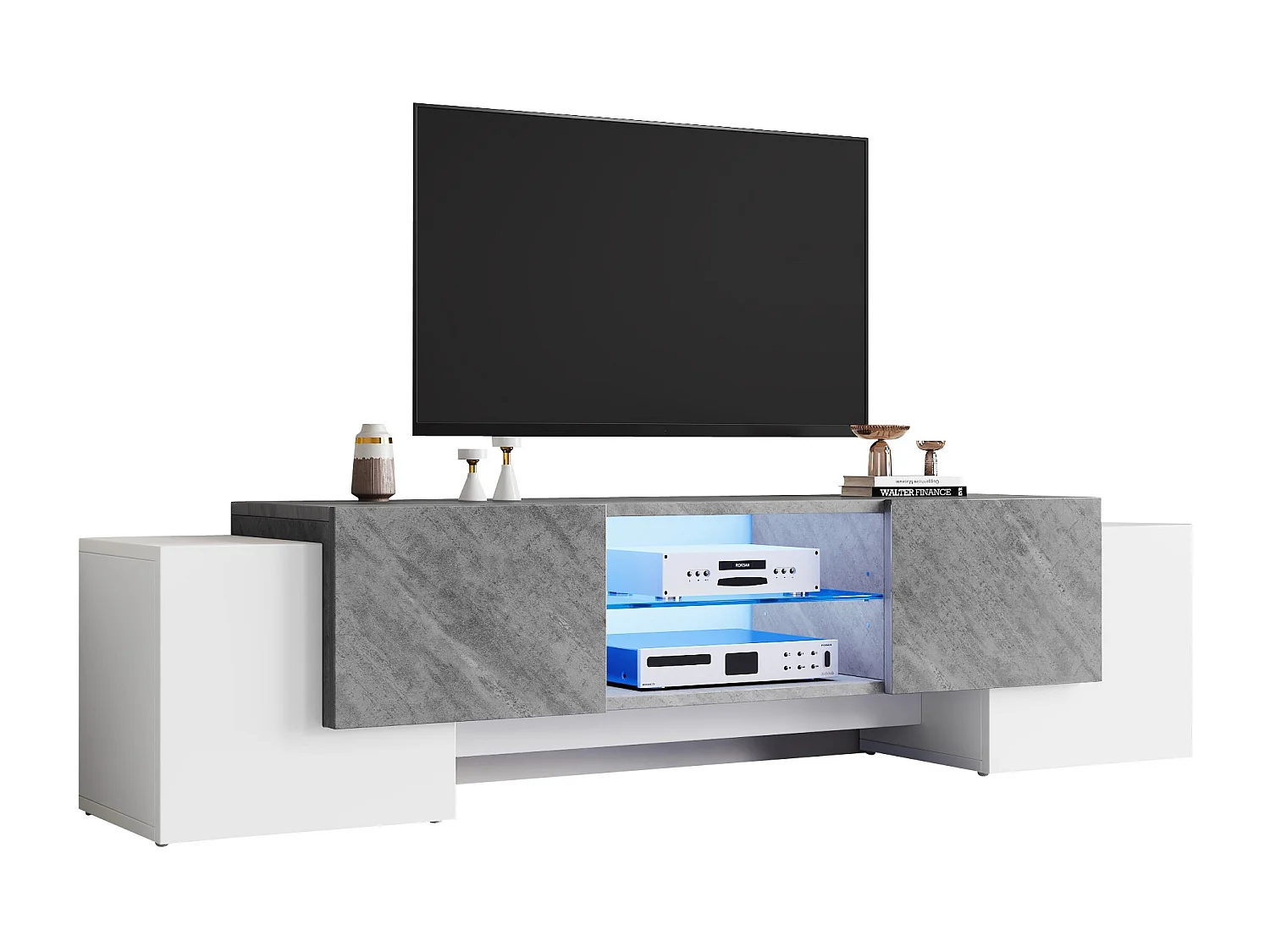 Enkelvoudige tv-kast - 180 x 40 x 46,5 cm - met 4 deuren - geschikt voor 60/65/70 inch tv's - MDF - grijs + wit