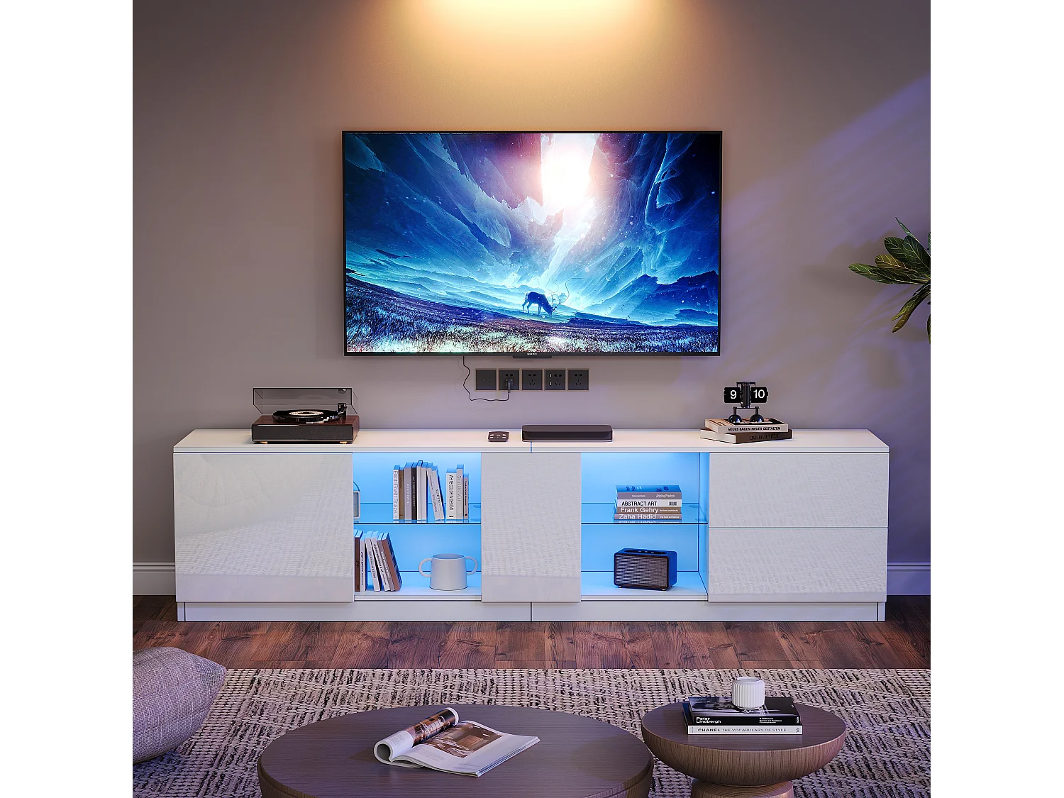Meuble TV - 160 x 40 x 52 cm - avec Leds + 1 porte + 2 tiroirs - MDF + verre trempé - blanc