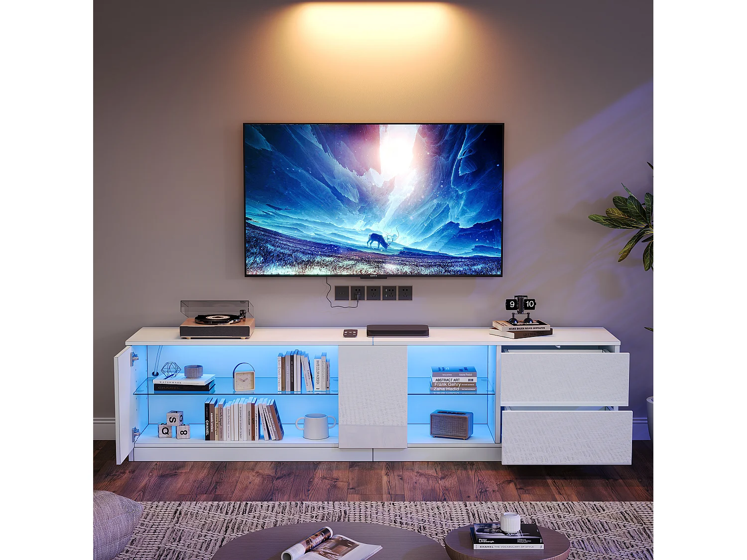 Meuble TV - 160 x 40 x 52 cm - avec Leds + 1 porte + 2 tiroirs - MDF + verre trempé - blanc