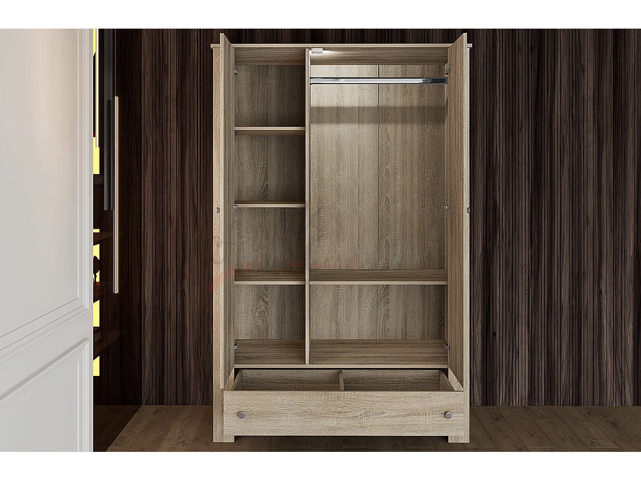 Armadio con tre ante battenti effetto legno stile classico 124x181 rovere scuro AI1016