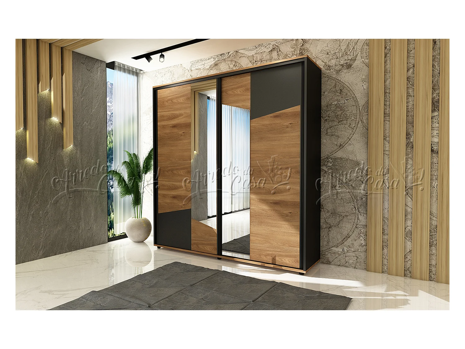 Armadio con anta scorrevole con specchio stile moderno 180x210 nero e rovere AU40