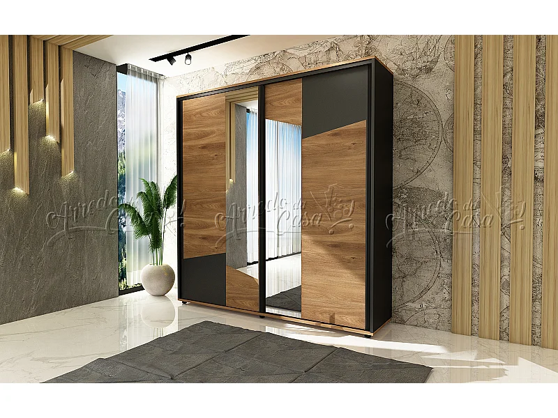 Armadio con anta scorrevole con specchio stile moderno 180x210 nero e rovere AU40