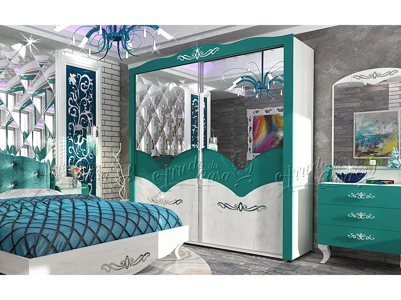 Armadio a 2 ante scorrevoli con specchio verde acqua e bianco effetto legno AU7