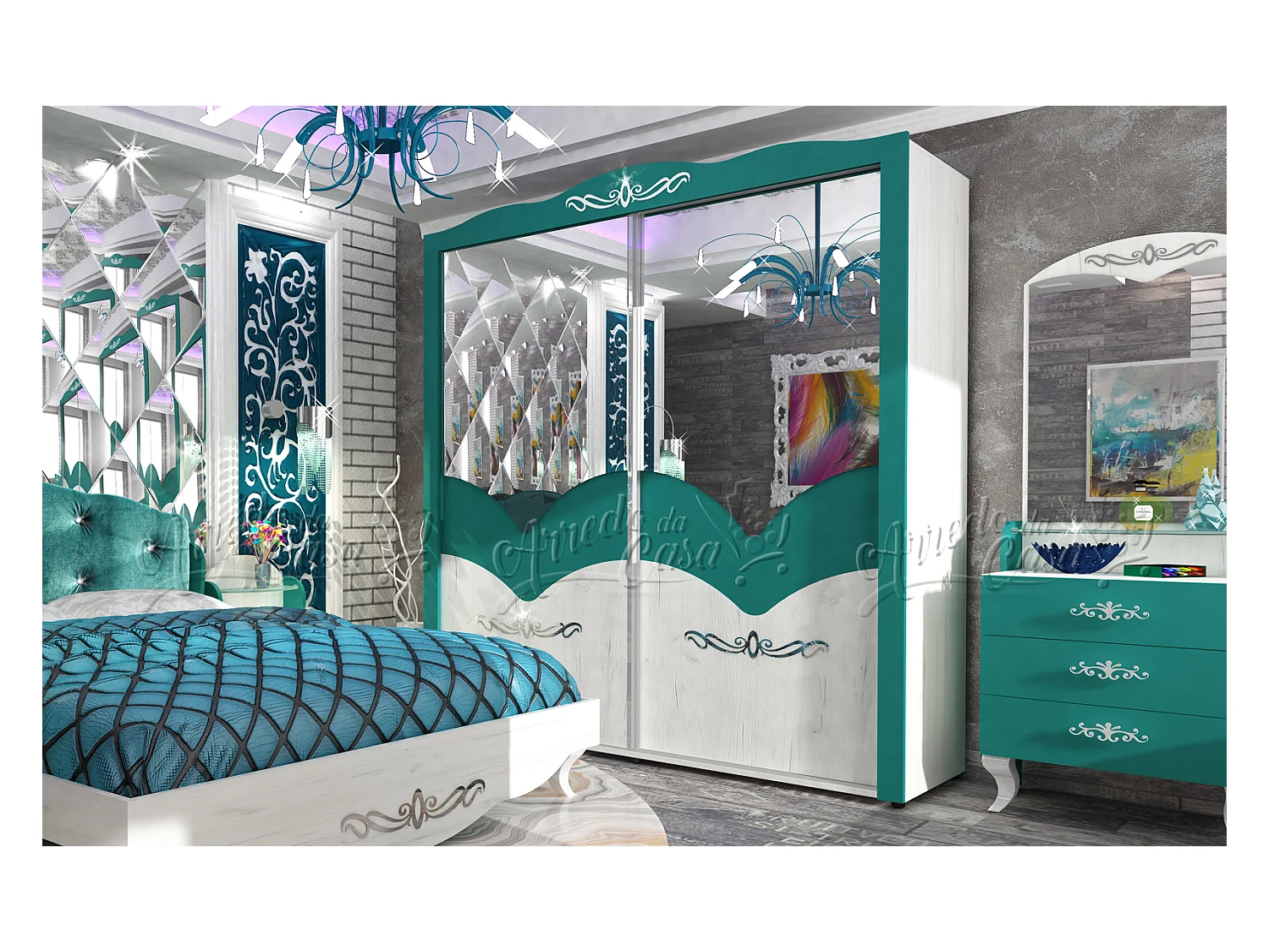 Armadio a 2 ante scorrevoli con specchio verde acqua e bianco effetto legno AU7